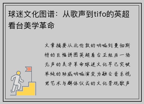 球迷文化图谱：从歌声到tifo的英超看台美学革命