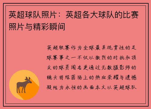 英超球队照片：英超各大球队的比赛照片与精彩瞬间