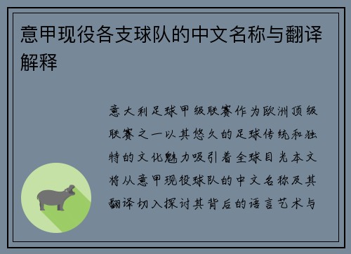 意甲现役各支球队的中文名称与翻译解释